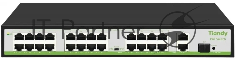 Коммутатор Tiandy TC-P3S027 Spec:H/2421/AT/260, 24×100 Мбит/с PoE + 2×1 Гбит/с Uplink + 1×1 Гбит/с SFP, неуправляемый