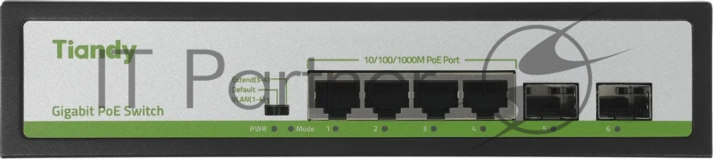 Коммутатор Tiandy TC-P3S06 Spec:H/0402/AT/60, 4×1 Гбит/с PoE + 2×1 Гбит/с SFP, неуправляемый