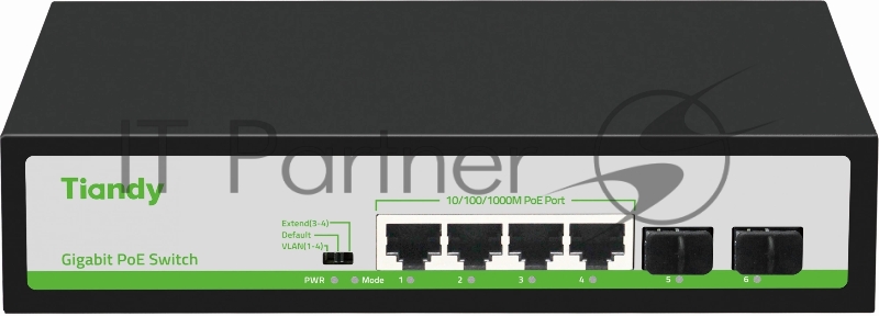 Коммутатор Tiandy TC-P3S06 Spec:H/0402/AT/60, 4×1 Гбит/с PoE + 2×1 Гбит/с SFP, неуправляемый