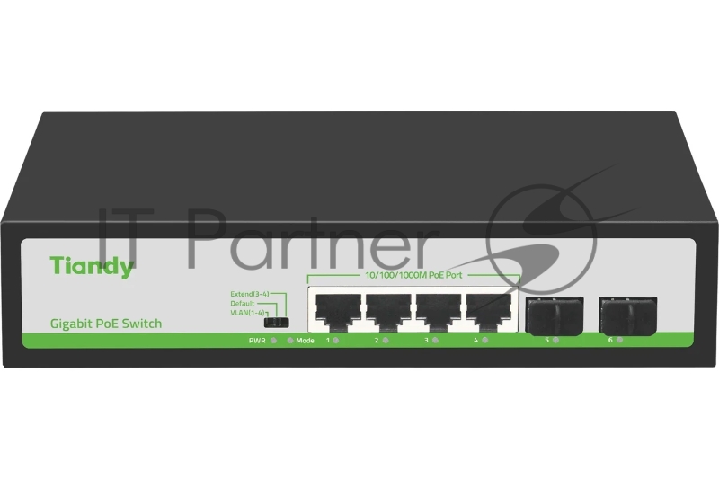 Коммутатор Tiandy TC-P3S06 Spec:H/0402/AT/60/V2.0, 4×1 Гбит/с PoE + 2×1 Гбит/с SFP, неуправляемый