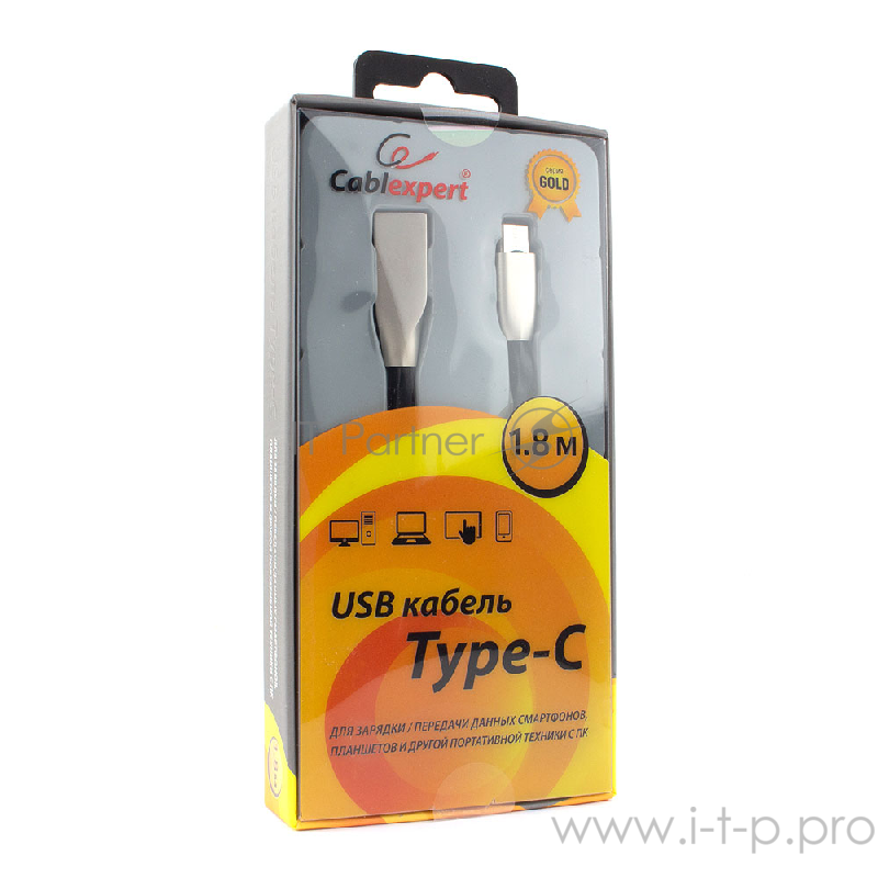Кабель Cablexpert Кабель USB 2.0 CC-G-USBC01Bk-1.8M AM/Type-C, серия Gold, длина 1.8м, черный, блистер