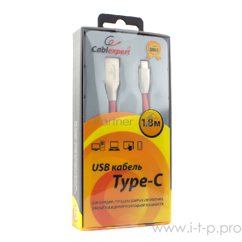 Кабель Cablexpert Кабель USB 2.0 CC-G-USBC01R-1.8M AM/Type-C, серия Gold, длина 1.8м, красный, блистер