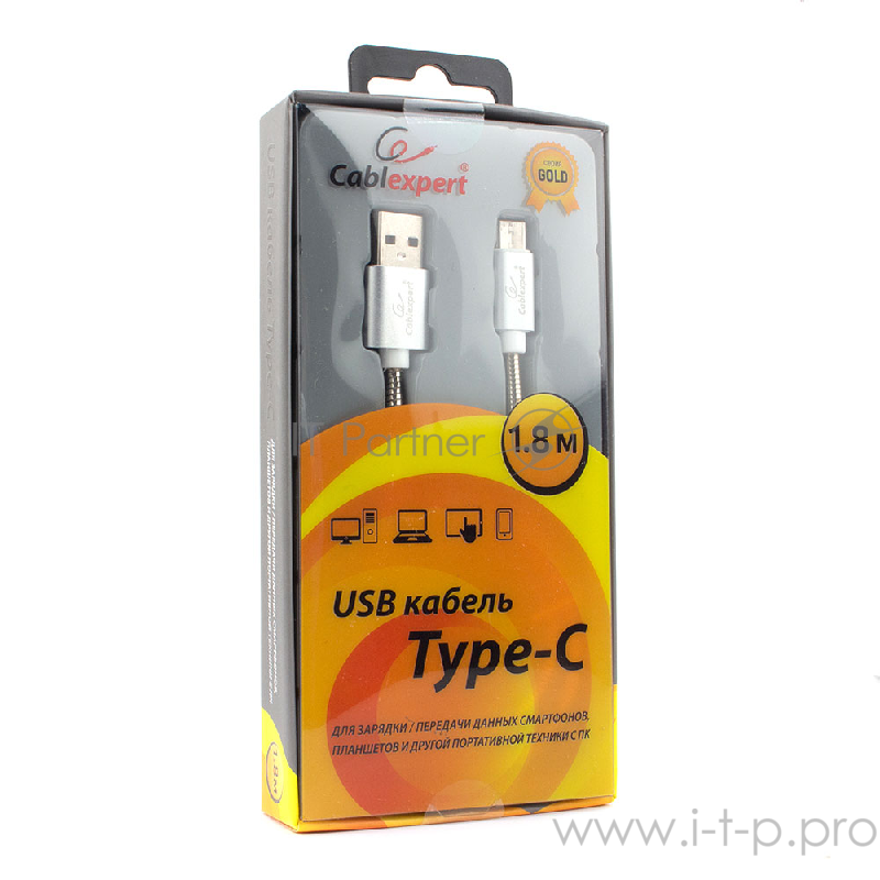 Кабель Cablexpert Кабель USB 2.0 CC-G-USBC02S-1.8M AM/Type-C, серия Gold, длина 1.8м, серебро, блистер
