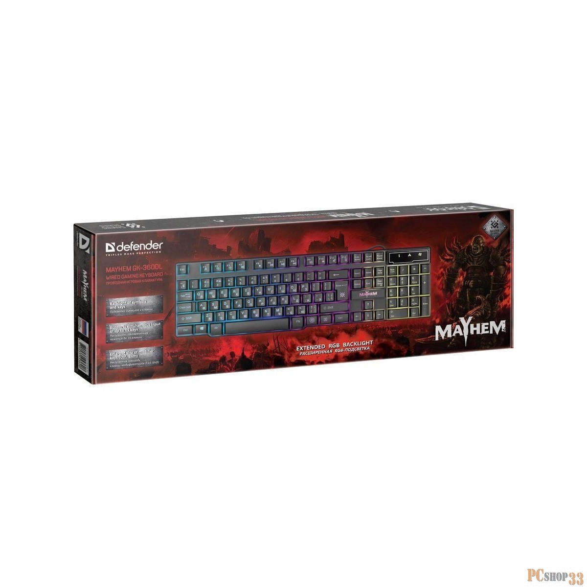 Клавиатура Defender Mayhem GK-360DL RU 45360 {Проводная игровая клавиатура, RGB подсветка, 19 Anti-Ghost}