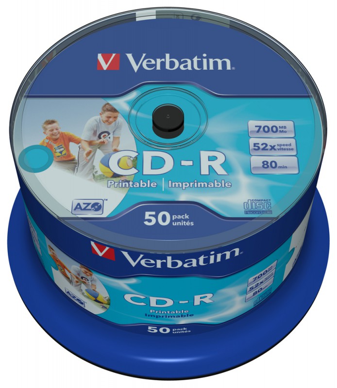 Диск CD-R Verbatim 700Mb 52x Cake Box (50шт) Printable (43 438)
