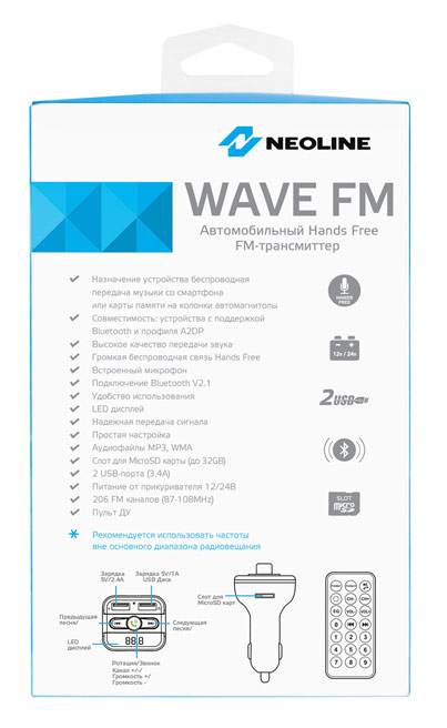 Автомобильный FM-модулятор Neoline Wave FM черный MicroSD BT USB PDU