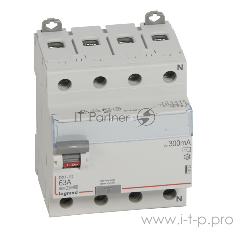 УЗО Legrand 411724 Выключатель дифференциального тока DX?-ID - 4П - 400 В~ - 63 А - тип AC - 300 мА - 4 модуля