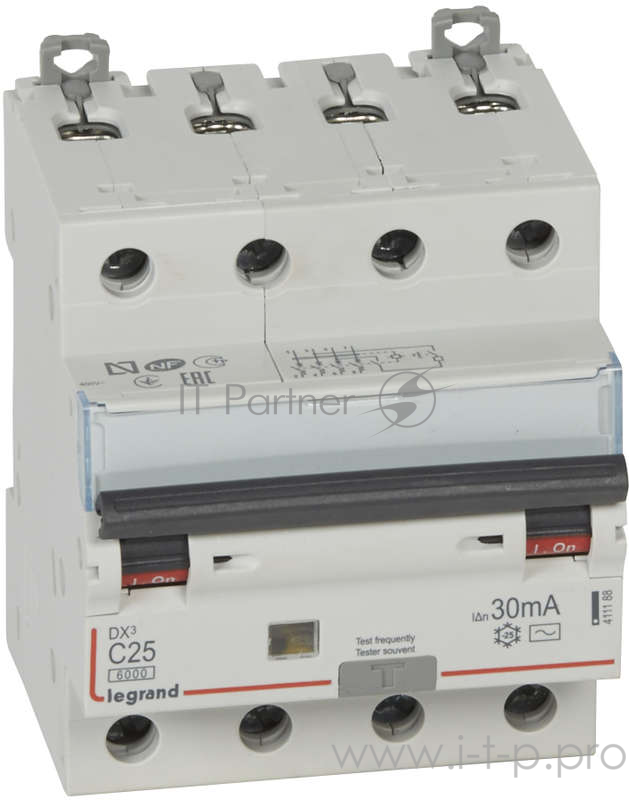 Дифавтоматы Legrand 411188 Автоматический выключатель дифференциального тока DX3 6000 - 10 кА - тип характеристики С - 4П - 400 В~ - 25 А - тип A С - 30 мА - 4 модуля