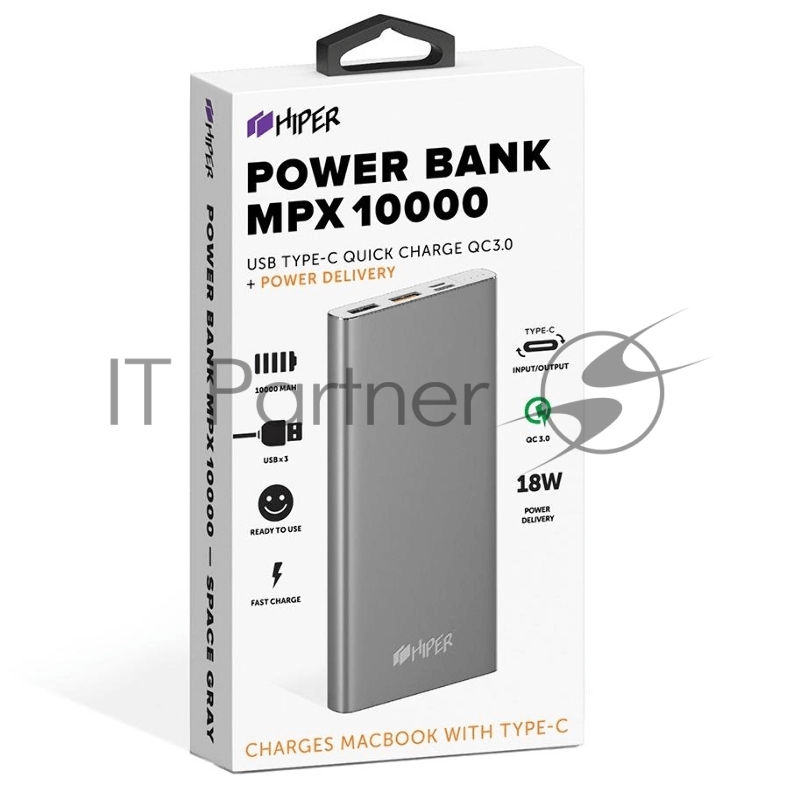 Мобильный аккумулятор Hiper MPX10000 Li-Pol 10000mAh 3A+3A+1A серый 2xUSB