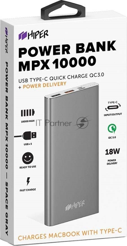 Мобильный аккумулятор Hiper MPX10000 Li-Pol 10000mAh 3A+3A+1A серый 2xUSB
