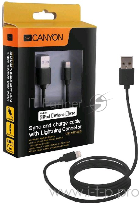 Кабель CANYON для устройств Apple (MFi Certified) Lightning CNS-MFICAB01B 1.0м, черный