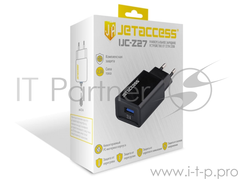 Универсальное зарядное устройство Jet.A UC-Z27 от сети 220В (1USB, 2.1А), чёрное