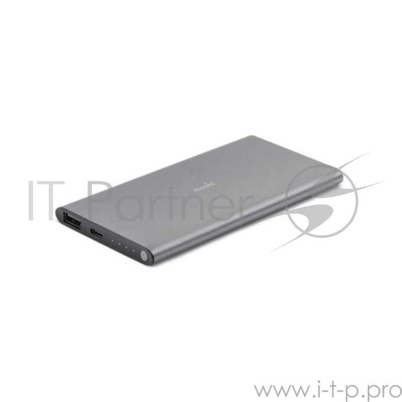 Портативный аккумулятор Moshi IonSlim 5K. Емкость 5150 мАч. Сила тока 2,4А. Встроенный Lightning на USB кабель. Цвет серый.