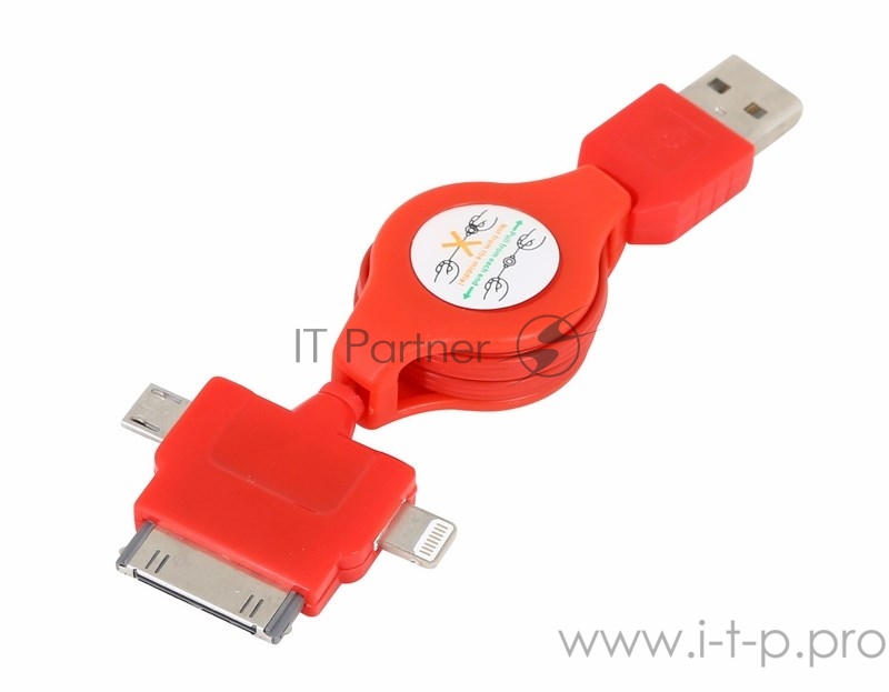 Кабель Rexant (18-4055) USB кабель-рулетка 3 в 1 для iPhone 5/microUSB/iPhone 4 красный