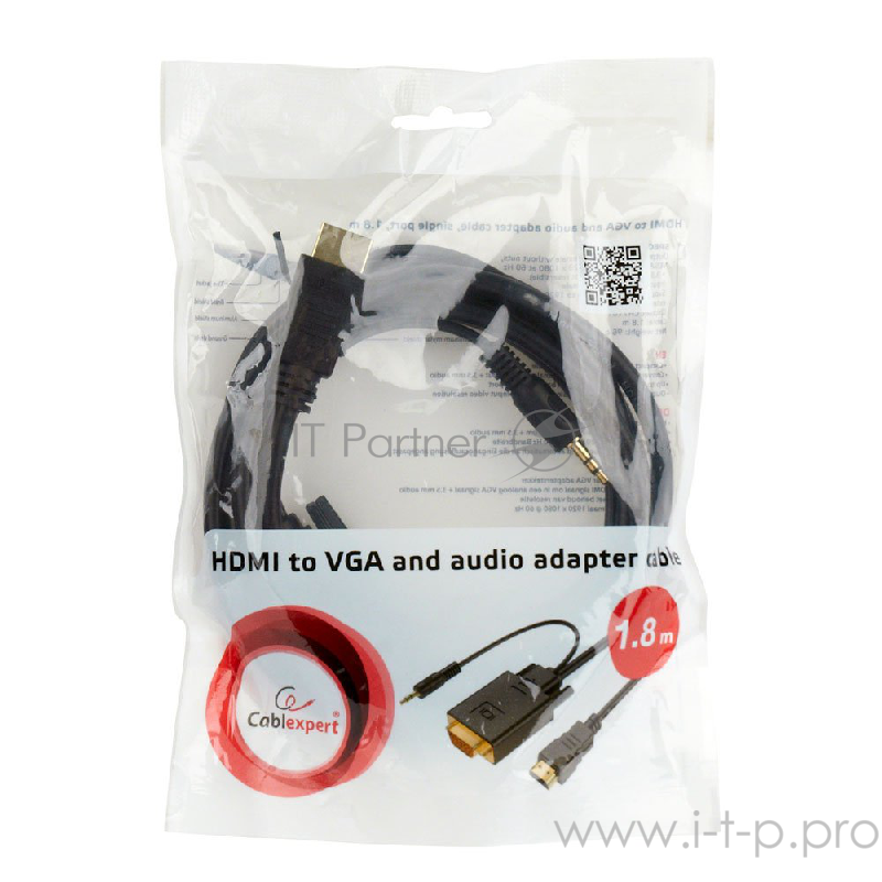 Кабель Cablexpert Кабель HDMI-VGA 19M/15M + 3.5Jack, 3м, черный, позол.разъемы, пакет (A-HDMI-VGA-03-10)