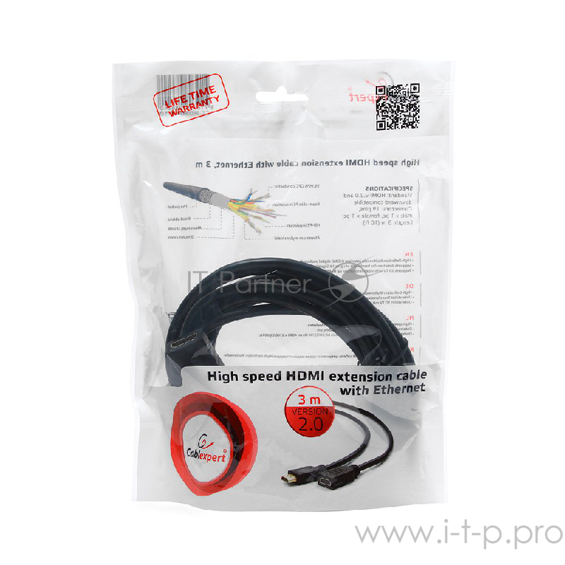 Кабель Удлинитель кабеля HDMI Cablexpert CC-HDMI4X-10, 3.0м, v2.0, 19M/19F, черный, позол.разъемы, экран, пакет
