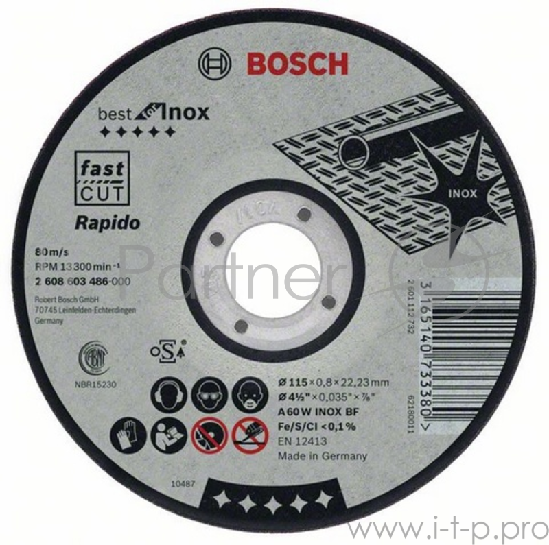 Круг отрезной BOSCH Best for Inox 115x0,8x22по нерж. (2.608.603.486) 115 Х 0,8 Х 22, для нержав.