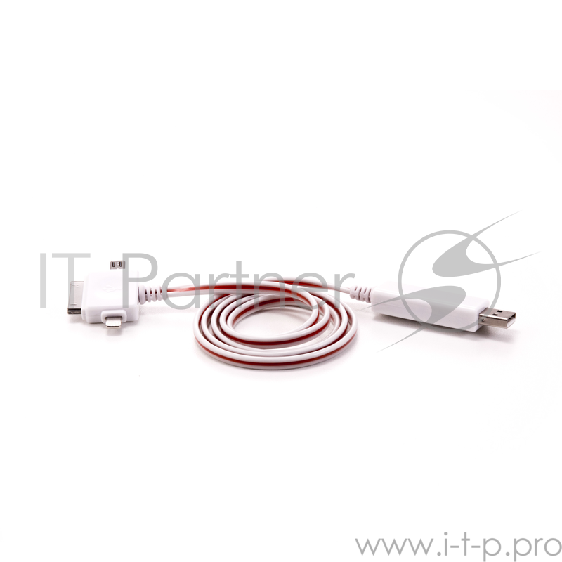 Кабель Gmini GM-MEL400FLWR, светящийся 3 в 1, 1м, кабель белый + подсветка красная