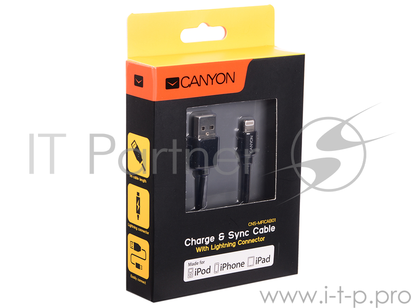 Кабель Lightning/USB 1.0м, силиконовая оплетка, черный (MFI) CANYON <CNS-MFICAB01B>