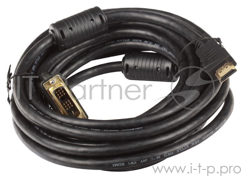 Кабель Telecom HDMI to DVI-D (19M -19M) 2 фильтра, 5м , с позолоченными контактами