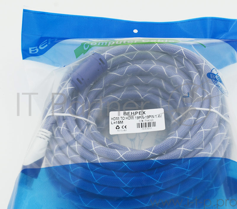 Кабель HDMI Ver.1.4 Blue/white jack HDMI19 (m)/HDMI19 (m) 15м феррит.кольца Позолоченные контакты