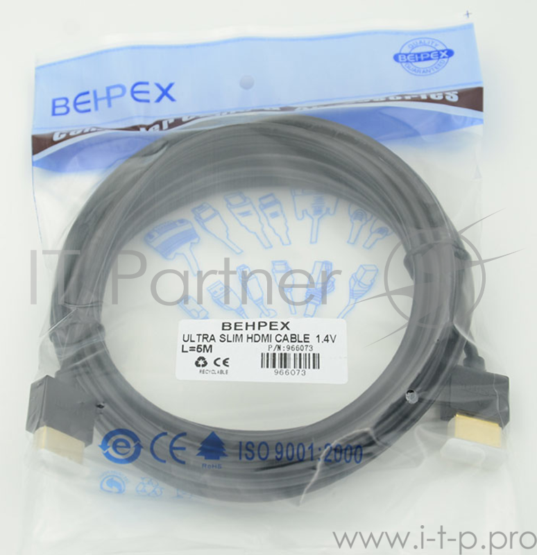 Кабель HDMI Gold Plated Connector, Ver1.4, Ultra Slim HDMI(19pin)/HDMI(19pin) (5м) феррит.кольца Позолоченные контакты