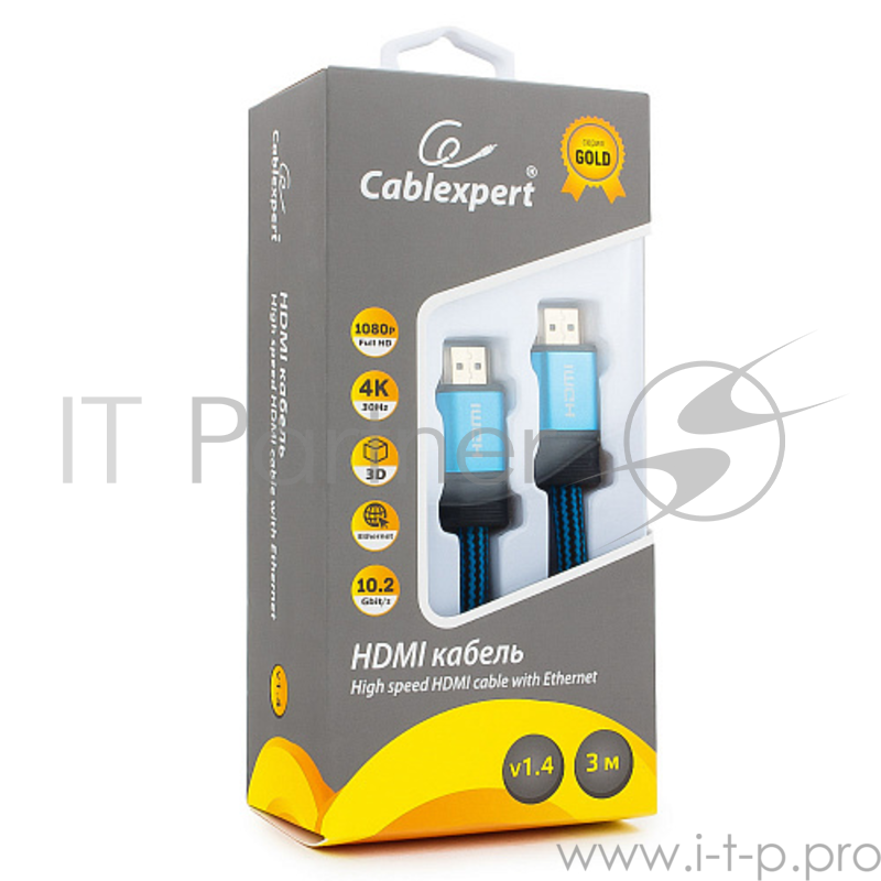 Кабель HDMI Cablexpert, серия Gold, 3 м, v1.4, M/M, синий, позол.разъемы, алюминиевый корпус, нейлоновая оплетка, коробка
