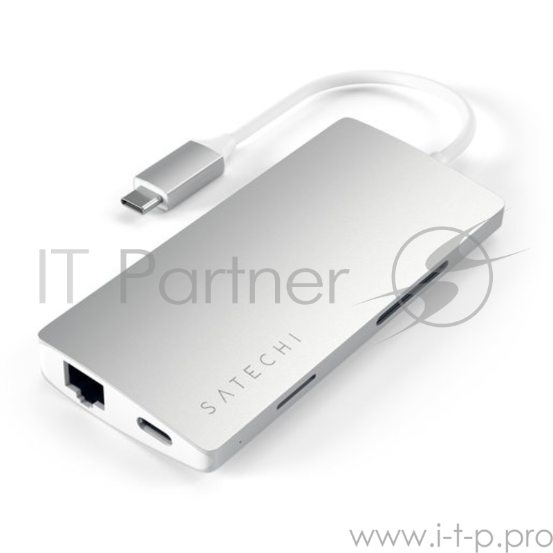 USB-концентратор Satechi Aluminum Multi-Port Adapter V2. Интерфейс USB-C. 3 порта USB 3.0, 1 порт 4K HDMI, 1 порт Ethernet RJ-45, SD/micro-SD кардридер. Цвет серебряный.