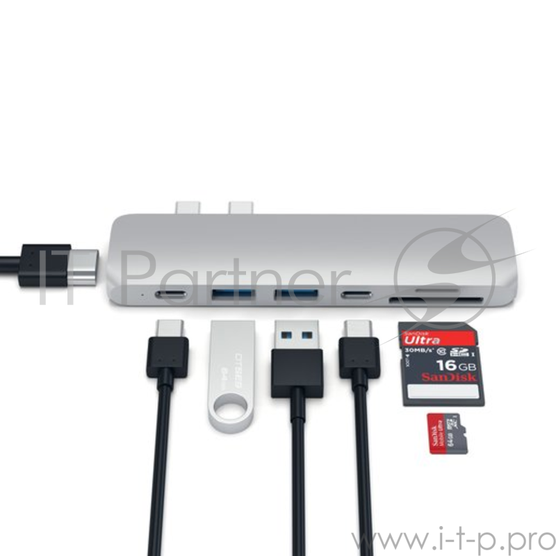 USB-хаб Satechi Aluminum Pro Hub для Macbook Pro (USB-C). Порты: HDMI, Thunderbolt 3, USB Type-C, SD, microSD, 2 x USB 3.0. Цвет серебряный.