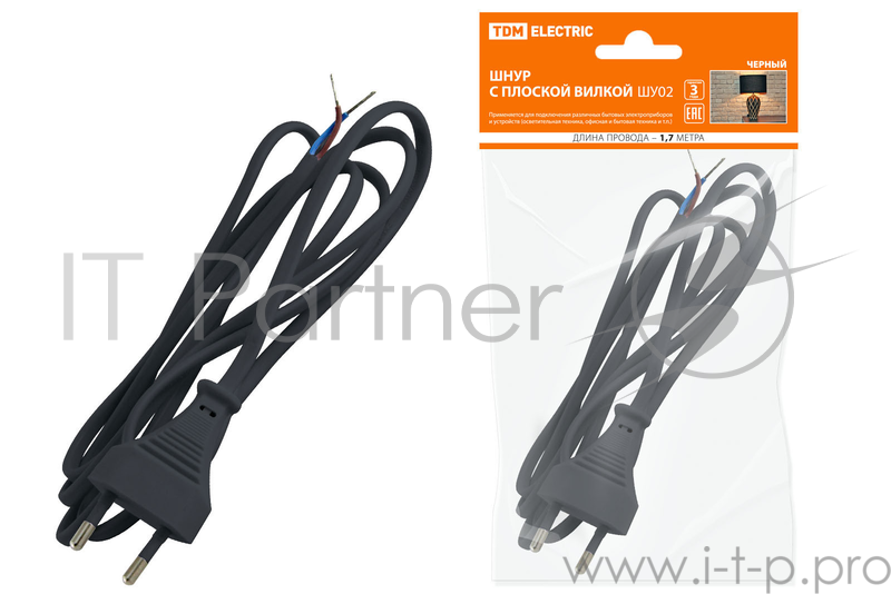 Шнур ТДМ SQ1305-0012 с плоской вилкой ШУ02 ШВВП 2х0.75мм2 1.7м черный