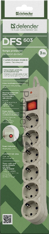 Сетевые фильтры Defender Фильтр DFS-603, 3м, 6 евророзеток 99407