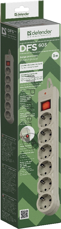Сетевые фильтры Defender Фильтр DFS-603, 3м, 6 евророзеток 99407