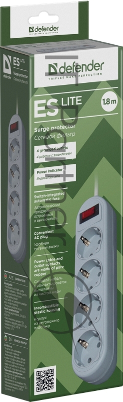 Сетевые фильтры Defender Фильтр ES Lite, 1.8м, 4 розетки, серый 99487