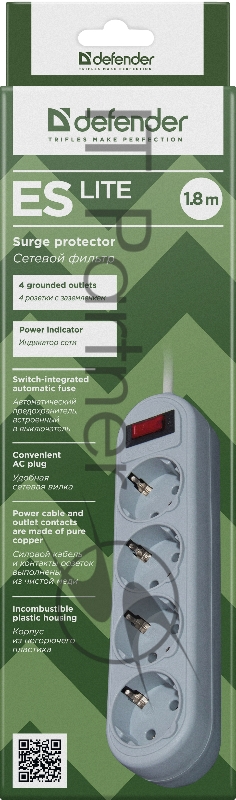 Сетевые фильтры Defender Фильтр ES Lite, 1.8м, 4 розетки, серый 99487