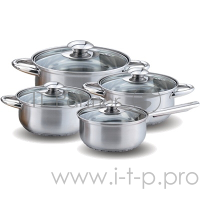 Набор посуды KELLI KL-4202 8 пред.(Ковшик 2л. Кастрюля 2л. Кастрюля 2,6л. Кастрюля 3,6л. Высококачественная нерж. сталь 18/10. 5-ти слойное капсульное дно. Жаропрочные стекл. крышки.)