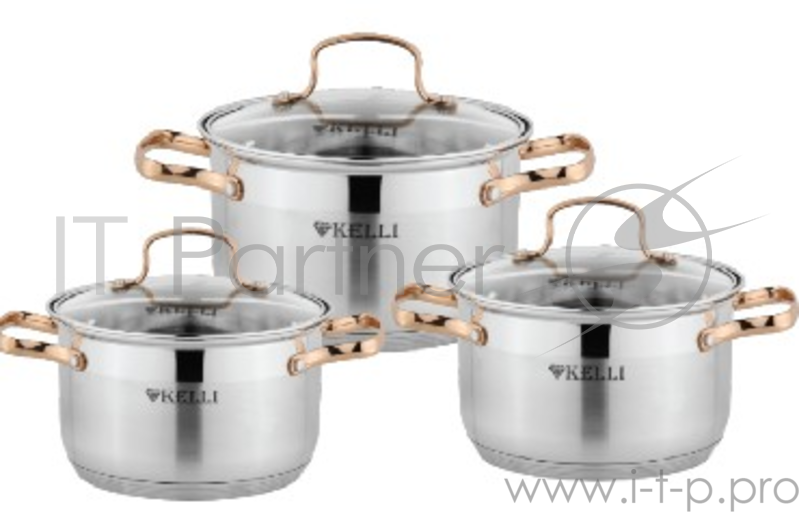 Набор посуды KELLI KL-4214 6 пред.(Кастрюля с жаропрочной стекл. крышкой 2.1л. Кастрюля с жаропрочной стекл. крышкой 3л. Кастрюля с жаропрочной стекл. крышкой 4л. Мерная шкала внутри. Высококачественная нержавеющая сталь 18/10. 5-ти слойное капсульно