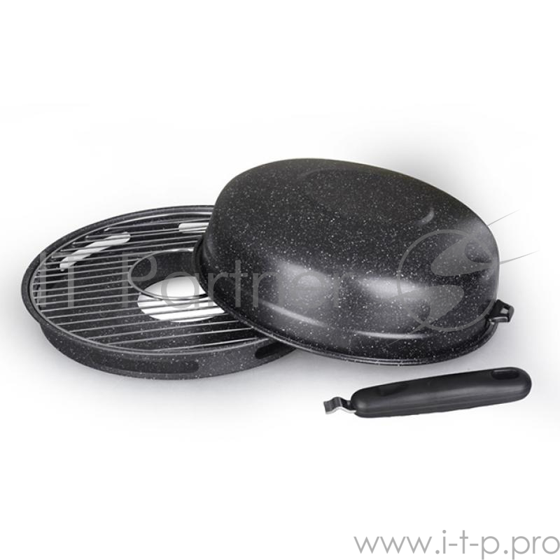 РОСИНКА РОС-301 гриль-газ 32см Гриль-газ, 32 см, углеродистая сталь, поддон с центральным отверстием и прорезями для отвода тепла, решётка-гриль, крышка со съёмной бакелитовой ручкой, мраморное антипригарное покрытие, подарочная упаковка