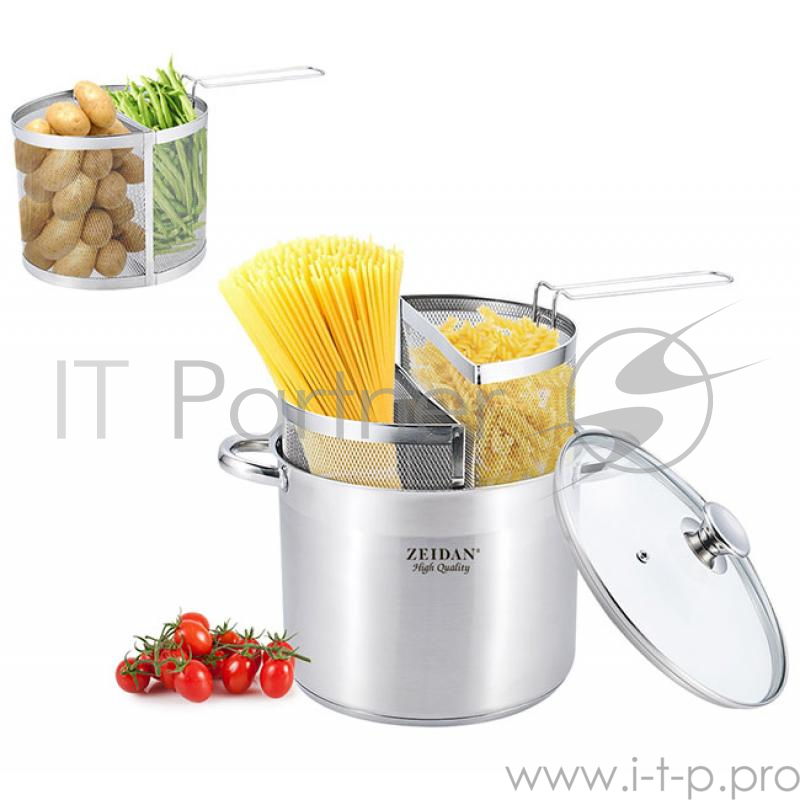 ZEIDAN Z-50314 9л ZEIDAN Z-50314Кастрюля для спагетти и овощей - 9.0 л (O24 см), 2 МЕТАЛЛИЧЕСКИХ КОРЗИНЫ, нерж.сталь, внутренняя – зеркальная полировка, снаружи - комбинированная полировка, шкала литража, 3-x СЛОЙНОЕ КАПСУЛИРОВАННОЕ ДНО. Подарочная у