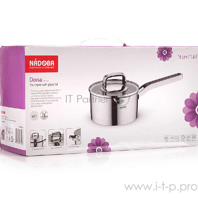 Ковш со стеклянной крышкой, 16 см/1,6 л, NADOBA, серия DONA