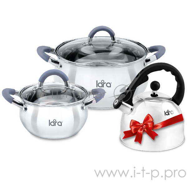 Набор посуды LARA LR02-103 Bell, 3 пр., (кастр. 2.7л + 4,7л + чайник 2,5л ) стеклян. крышки