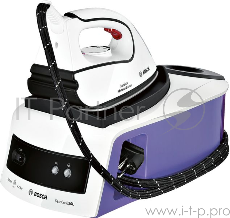 Паровая станция Bosch, TDS 2012, 2400Вт, подошва CeraniumGlissee, пар 110г/мин, 4,7 бар, бойлер на 1200мл, режим Еco, время разогрева 2 мин, верт отпар, защита от накипи, цвет белый/фиолетовый.