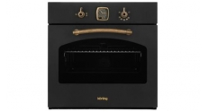Встраиваемые газовые духовки Korting Retro Calabria, 59.8 х 59.5 x 56 см, газовая, газовый гриль, конвекция, таймер, телескопические направляющие, черный+бронза