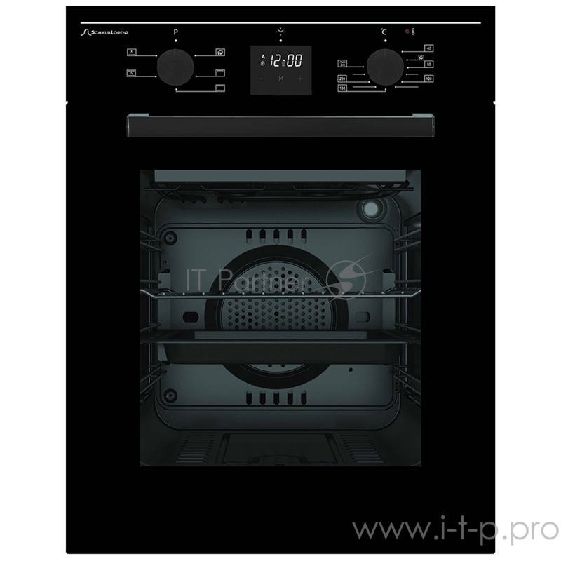 Встраиваемая электрическая духовка Schaub Lorenz 59.5х45x61 см, 45л, 6 режимов работы, механические переключатели, цифровой таймер с напоминанием, панель управления-черная эмаль, черное стекло дверцы духовки