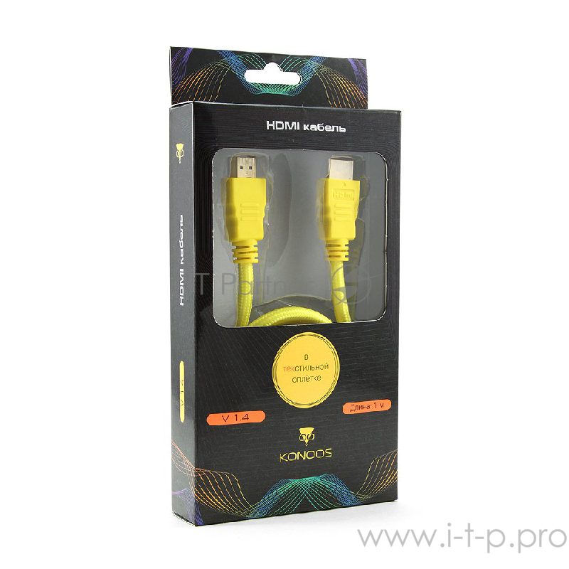 Кабель Konoos Кабель HDMI KC-HDMIny, 1м, v1.4, 19M/19M, нейлоновая оплетка, желтый, позол.разъемы, коробка