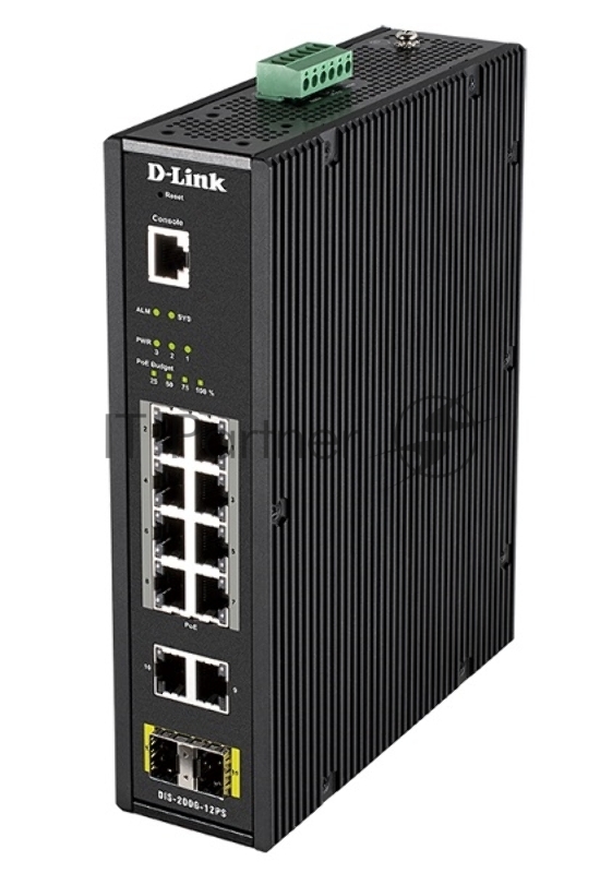 Коммутатор D-Link DIS-200G-12PS/A1A, L2 Managed Industrial Switch with 10 10/100/1000Base-T and 2 1000Base-X SFP ports (8 PoE ports 802.3af/802.3at (30 W), PoE Budget 123 W)8K Mac address, 802.3x Flow Control,