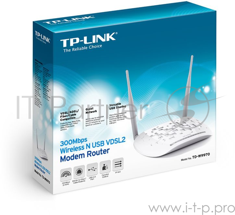 Беспроводный маршрутизатор TP-Link с VDSL/ADSL модемом SOHO TD-W9970, 300 Мбит/с, VDSL2/ADSL2+, Annex A, 4 порта 100 Мбит/с, 1 порт USB 2.0