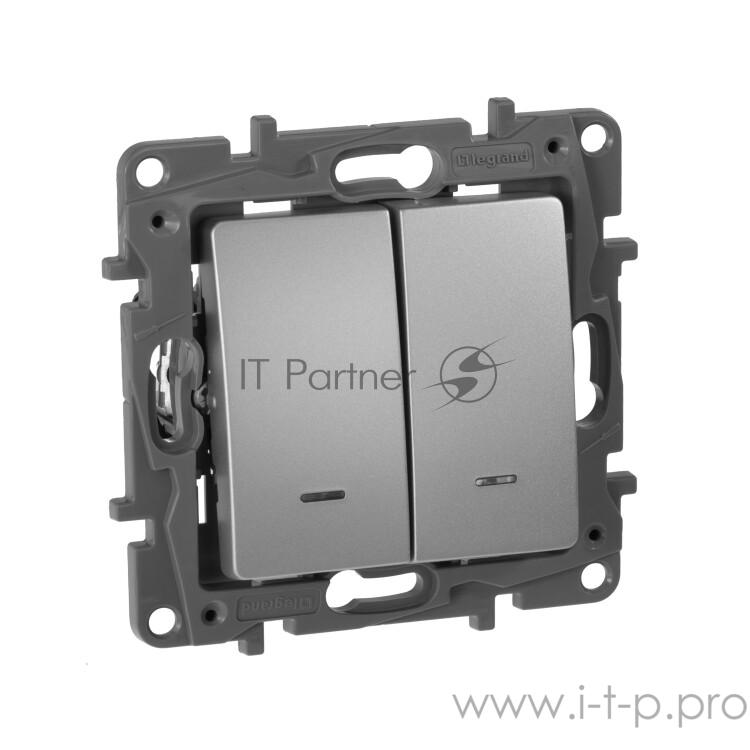 ETIKA Переключатель 2-клавишный с подсветкой, 10AX, авт. зажимы, алюминий ETIKA Переключатель 2-клавишный с подсветкой, 10AX, авт. зажимы, алюминий