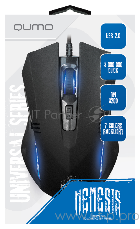 Мышь Qumo Nemesis M48, проводная, оптическая, 6 кнопок, подсветка 7 цветов, дыш., 1000/1600/2400/3200 dpi