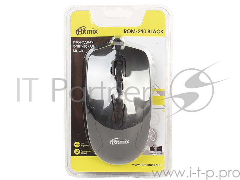 Мыши RITMIX ROM-210 Black USB {Проводн., 800 DPI, 2+1 кнопок, 150 см провод, блистер}