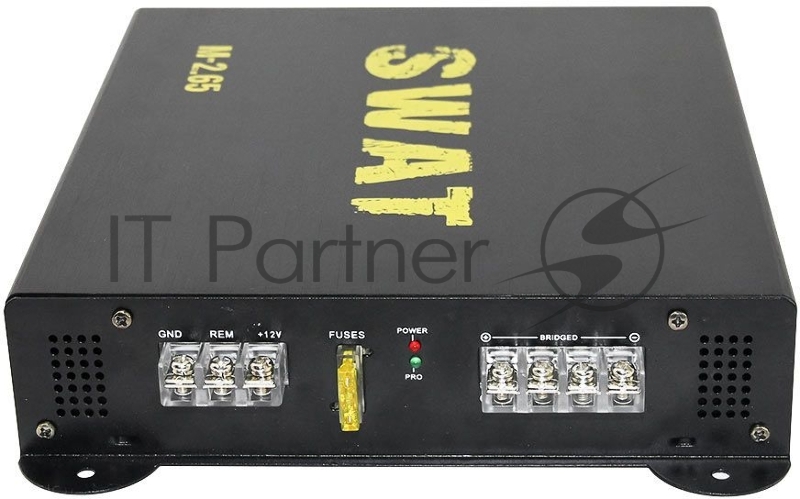 Усилитель SWAT M-2.65 Мощность RMS 65 Вт х 2 (4 Ом), 100 Вт х 2 (2 Ом), 200 Вт х 1 (4 Ом) (мостовой режим). Макс. мощность 320 Вт. LPF (фильтр низких частот) 50 Гц - 250 Гц. HPF (фильтр высоких частот) 80 Гц - 5 кГц. Частотная характеристика 10-20 кГ